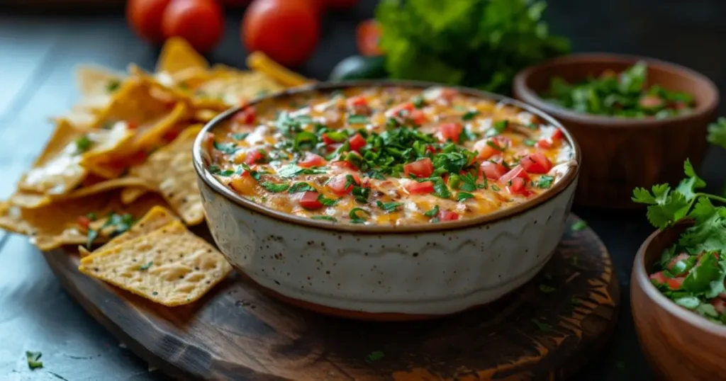 Bowl of creamy Rotel dip topped with tomatoes and cilantro, served with tortilla chips on a wooden board