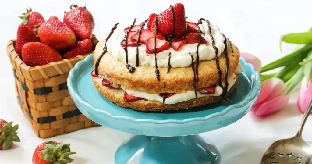 A delicious strawberry shortcake layered with fresh strawberries, whipped cream, and chocolate drizzle on a blue cake stand. A basket of fresh strawberries and tulips are in the background.