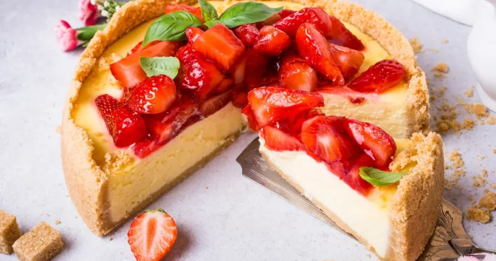 Strawberry cheesecake with a graham cracker crust, topped with fresh strawberries and garnished with basil leaves