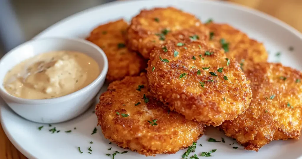 Crispy salmon patties recipe, served with dipping sauce, garnished with fresh herbs.